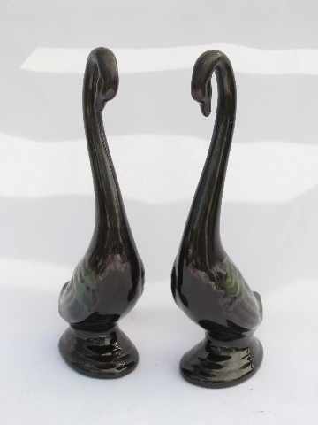 50s mod art pottery console set, flower bowl & pair long necked swans