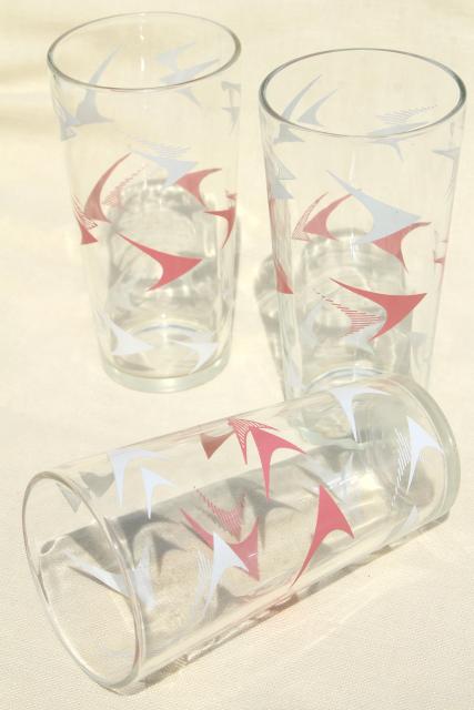 50s mod vintage bar glasses, pink boomerang atomic print highball drinking glasses
