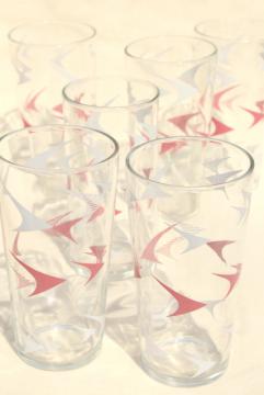 50s mod vintage bar glasses, pink boomerang atomic print highball drinking glasses