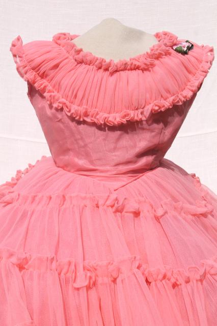 50s rockabilly vintage bo peep pink nylon ruffled dress, full hoop skirt w/ crinoline