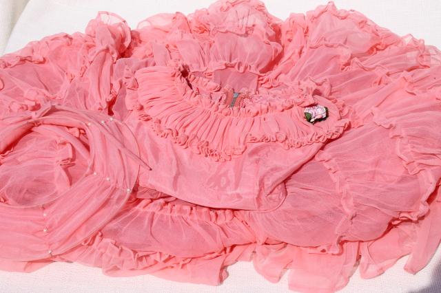 50s rockabilly vintage bo peep pink nylon ruffled dress, full hoop skirt w/ crinoline