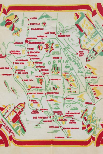 50s vintage California map print tablecloth, southern Cali cities & landmarks