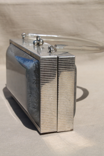 50s vintage box bag purse w/ lucite handle, gunmetal silver plastic handbag