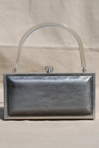 50s vintage box bag purse w/ lucite handle, gunmetal silver plastic handbag