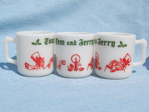 50s vintage Christmas holiday barware, glass mugs set w/ Tom and Jerry