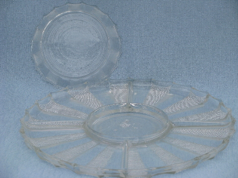50s vintage dewdrop pattern glass relish plate, round platter w/ stand