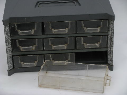 50s vintage hardware sorter parts cabinet, 9 drawer tool box w/ handle