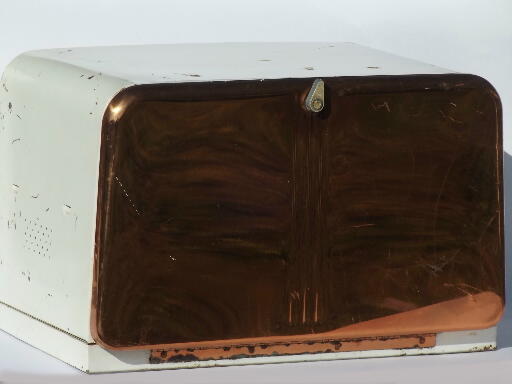 50s vintage Lincoln BeautyWare breadbox, copper front metal bread box