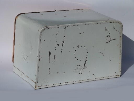 50s vintage Lincoln BeautyWare breadbox, copper front metal bread box