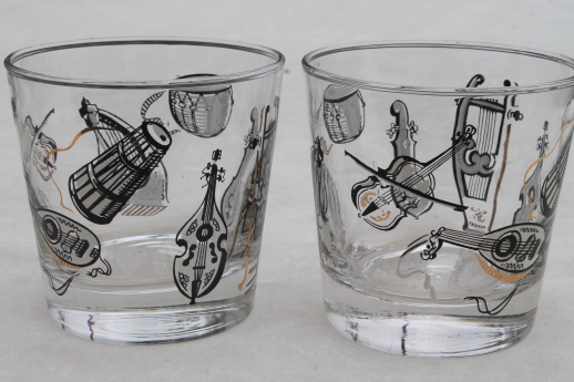 50s vintage on the rocks glasses, Libbey glass bar tumblers w/ musical instruments