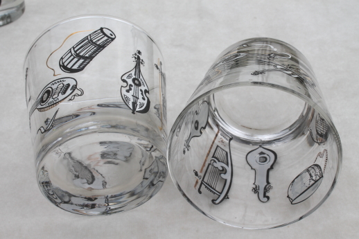 50s vintage on the rocks glasses, Libbey glass bar tumblers w/ musical instruments