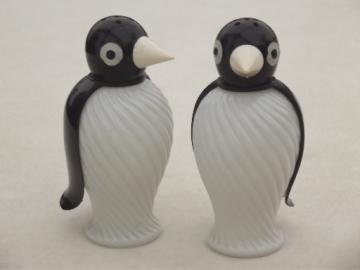 50s vintage penguin salt & pepper shakers, art deco glass jar S&P