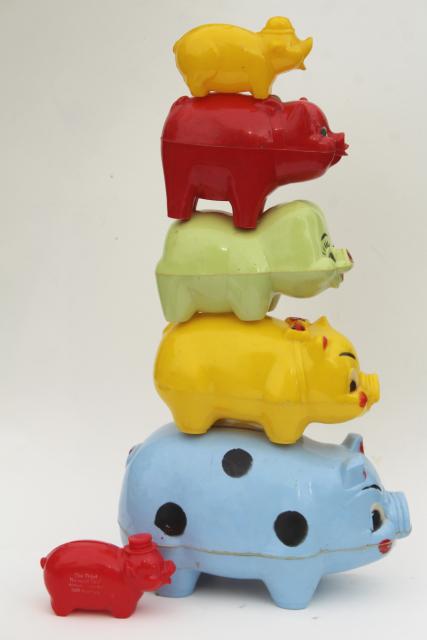 50s vintage piggy bank collection happy pigs hard plastic novelty toys