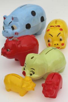 Vintage 1960 hand painted plastic pigs New Old Stock Unopened package red blue 