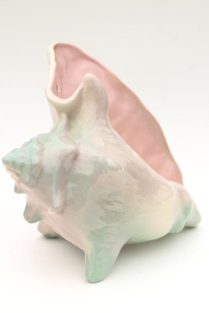50s vintage pink & aqua sea shell conch planter, Weil Ware mid-century mod art pottery