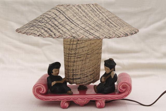 50s vintage pink ceramic TV lamp w/ Chinese boy & girl, laced parchment shade
