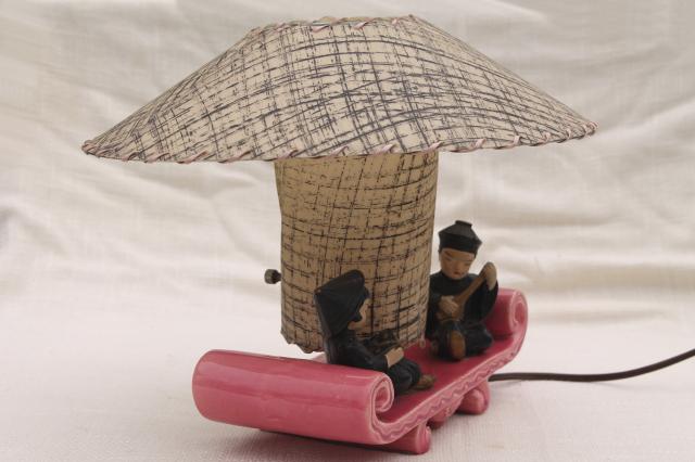 50s vintage pink ceramic TV lamp w/ Chinese boy & girl, laced parchment shade