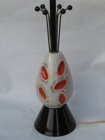 50s vintage pottery lamp, mod orange spots w/ gold atomic starbursts