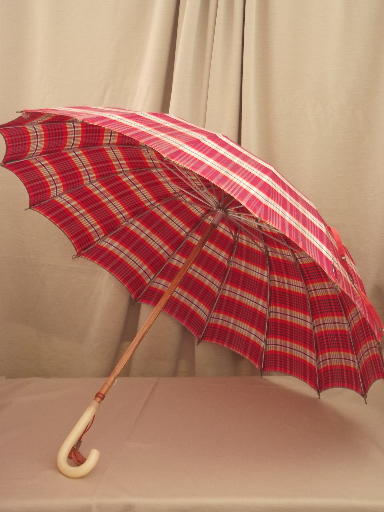 50s vintage umbrella, red tartan plaid retro schoolgirl style