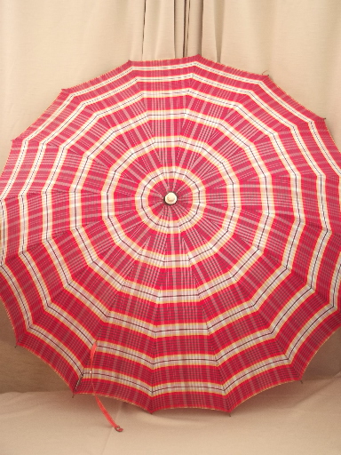 50s vintage umbrella, red tartan plaid retro schoolgirl style