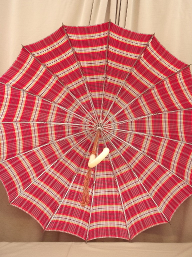 50s vintage umbrella, red tartan plaid retro schoolgirl style