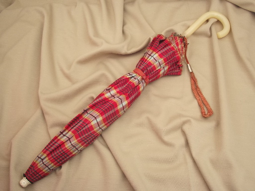 50s vintage umbrella, red tartan plaid retro schoolgirl style