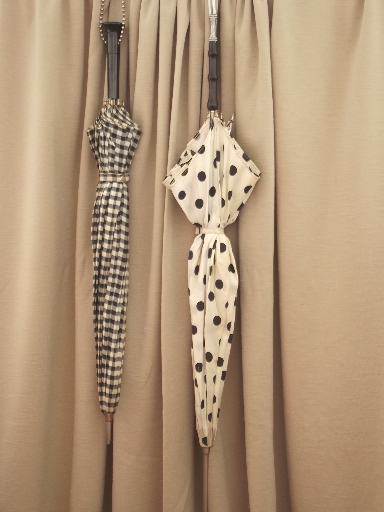 50s vintage umbrellas, black & white taffeta polka dots & gingham checks