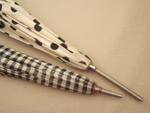 50s vintage umbrellas, black & white taffeta polka dots & gingham checks