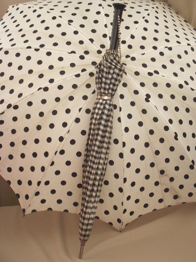 50s vintage umbrellas, black & white taffeta polka dots & gingham checks