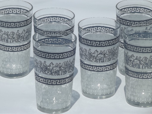 6 blue and white classical greek key pattern glass tumblers, 60s vintage