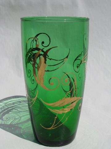 6 retro cooler style tall glasses, vintage forest green glass w/ gold