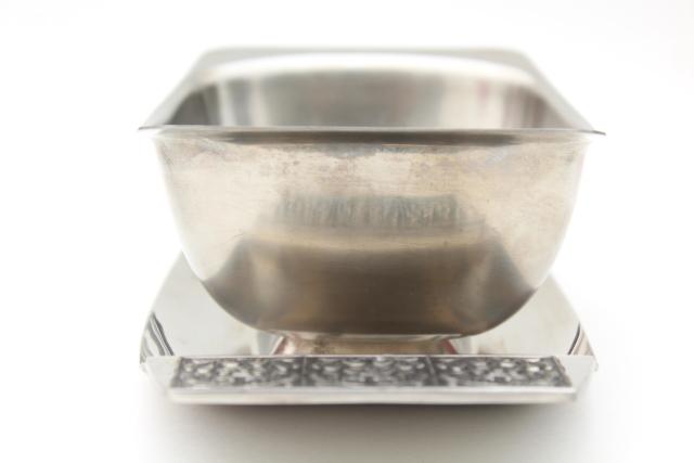60 vintage Stanley Roberts stainless steel bowl w/ underplate, Burguntine Velvet