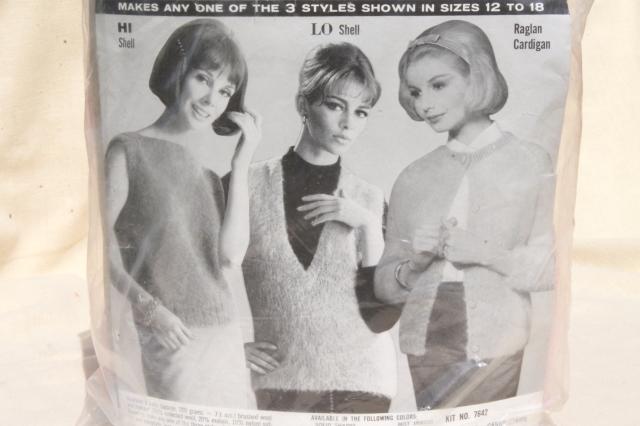 60 vintage knitting kit w/ pattern, snug cardigan sweater or choice of shells in pink mohair yarn