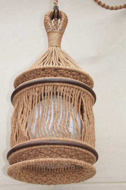 60s 70s hippie vintage macrame jute rope hanging light, huge globe lantern swag lamp