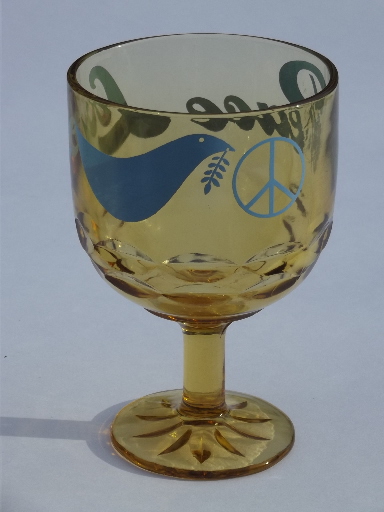 60s 70s hippie vintage Peace wine glass, big goblet w/ dove & peace sign