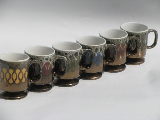 60s 70s mod colored drip copper metallic luster ceramic coffee mugs