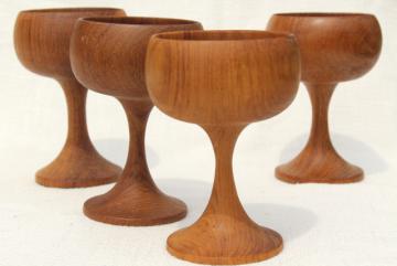 60s 70s mod vintage Thai teak wood goblets, wine glass shape candle holders