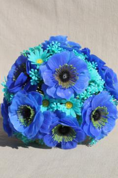 60s 70s retro plastic flowers bouquet, vintage aqua blue flower arrangement floral stem
