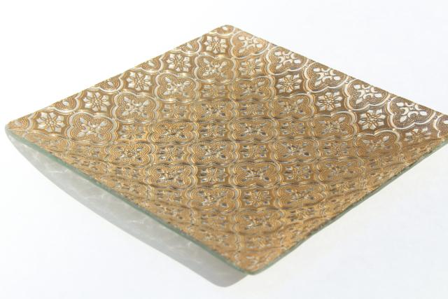 60s 70s vintage Briard Iberia square plate serving tray, embossed textured glass w/ gold