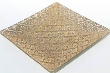60s 70s vintage Briard Iberia square plate serving tray, embossed textured glass w/ gold