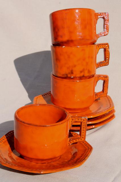 60s 70s vintage Italian pottery cups & saucers, bowls in orange glaze ceramic, PV Italy 