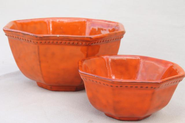 60s 70s vintage Italian pottery cups & saucers, bowls in orange glaze ceramic, PV Italy 