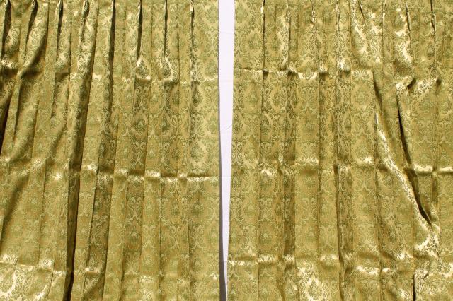 60s 70s vintage avocado green brocade drapes, vinyl backed fabric drapery panels set