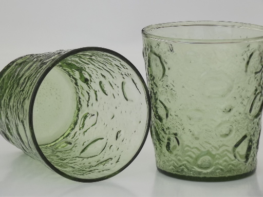 60s 70s vintage avocado green tumblers set, bubble crater textured glass