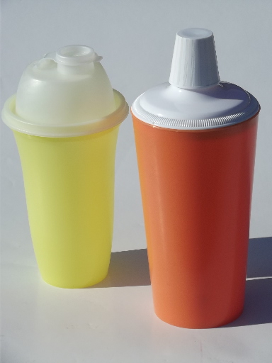 60s 70s  vintage cocktail mixer shakers, retro yellow coral plastic