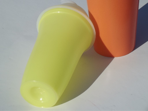 60s 70s  vintage cocktail mixer shakers, retro yellow coral plastic