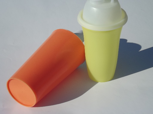 60s 70s  vintage cocktail mixer shakers, retro yellow coral plastic