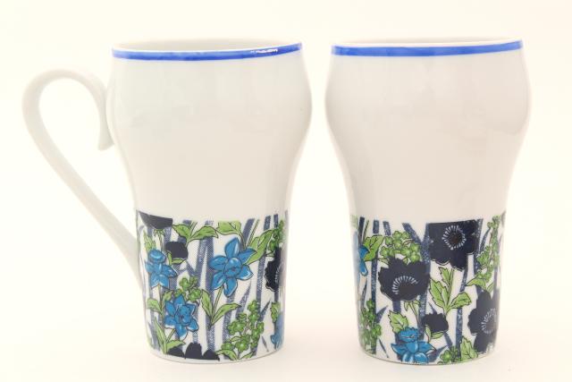 60s 70s vintage coffee mugs, tall latte cups w/ blue & green retro flowers
