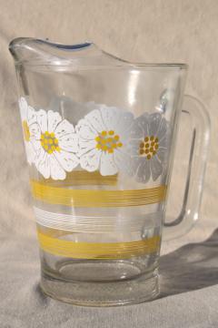 60s 70s vintage glass pitcher w/ daisies, yellow & white striped bands & flowers
