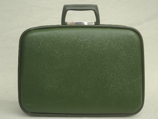 60s 70s vintage luggage set, avocado green suitcases & satchel carry on bag